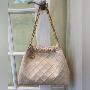 Tory Burch Cream Quilted Shoulder Bag hobo soft flemming purse gold guc